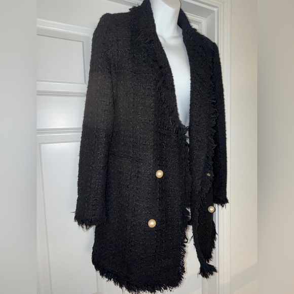 Zara Women's Black Frayed Tweed Boucle Blazer Jacket w Pearl Buttons, Small EUC - Picture 5 of 11